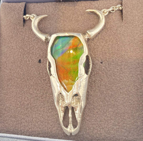 Ammolite Silver Buffalo Skull Pendant with integrated chain PN E21492