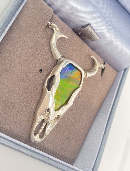 Ammolite Silver Buffalo Skull Pendant with integrated chain PN E21492