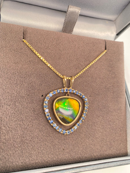 Ammolite Single Halo Floating Gold Pendant with Blue Sapphire Pn: E20734