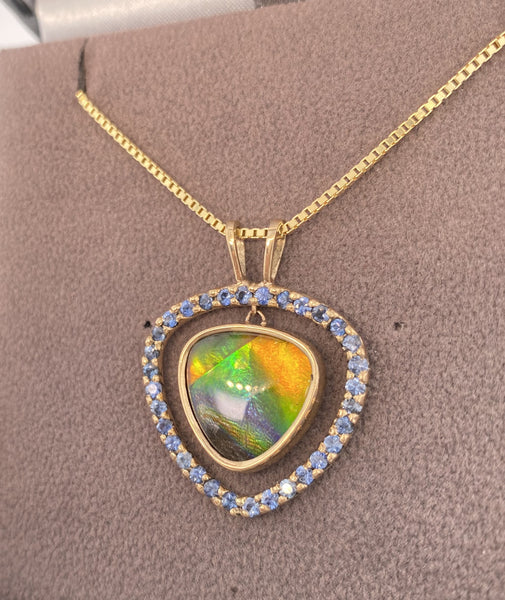 Ammolite Single Halo Floating Gold Pendant with Blue Sapphire Pn: E20734