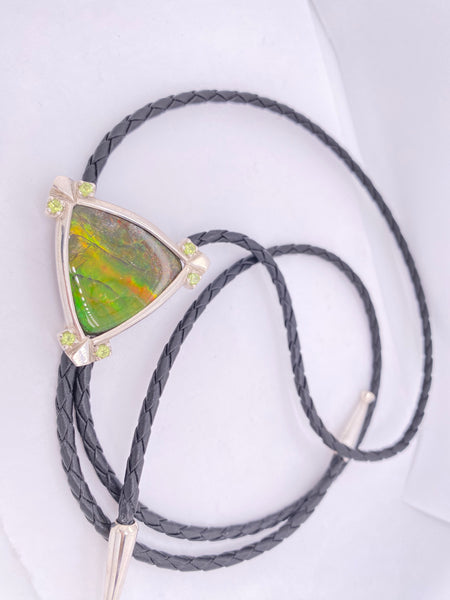 Ammolite Sterling Silver Bolo Tie with Green Trillion Gemstone Right View PN E21493
