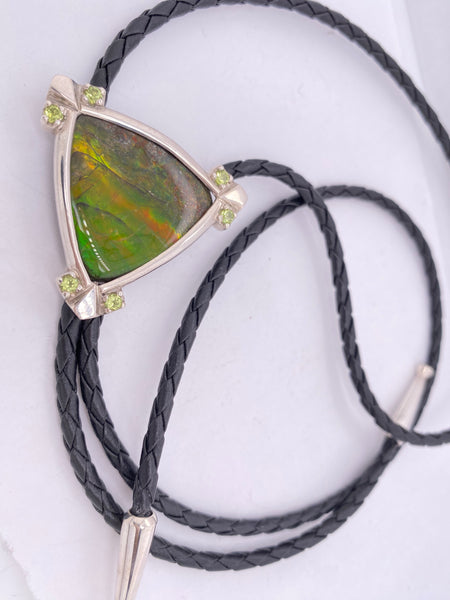 Ammolite Sterling Silver Bolo Tie with Green Trillion Gemstone Top View PN E21493
