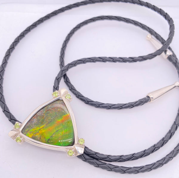 Ammolite Sterling Silver Bolo Tie with Green Trillion Gemstone Side View PN E21493