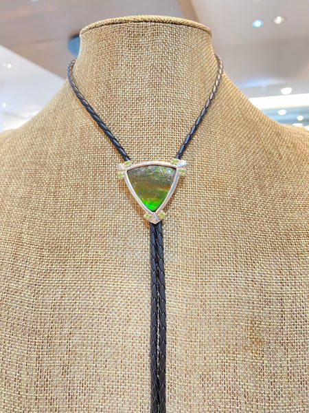 Ammolite Sterling Silver Bolo Tie with Green Trillion Gemstone Lower View PN E21493