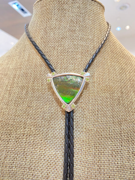 Ammolite Sterling Silver Bolo Tie with Green Trillion Gemstone Left View PN E21493