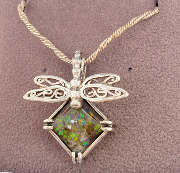 Ammolite Pendant that is 10mm Square with a Dragonfly Enhancer Left View PN E00424R