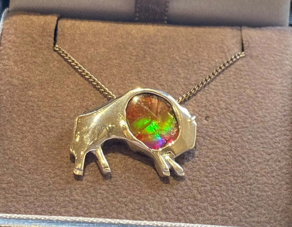Ammolite Buffalo Silver Pendant Close View PN E21313