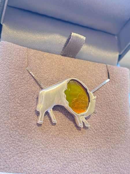 Ammolite Buffalo Silver Pendant Left View PN E21314