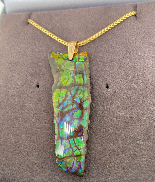 Ammolite Freeform Pendant that is 48x17mm Left View PN E1343