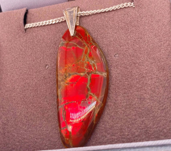 Ammolite Freeform and Sterling Silver Bail 36X16MM Left View PN E20284