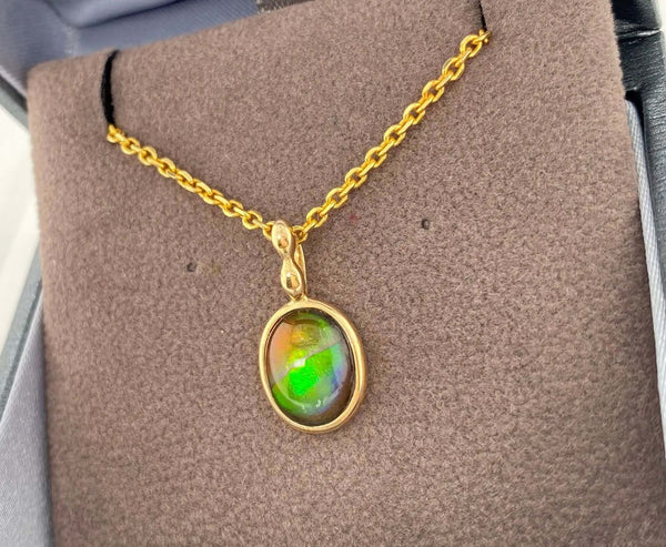 Ammolite Gold Oval Pendant with 8x10mm Gemstone Right View PN E1361T