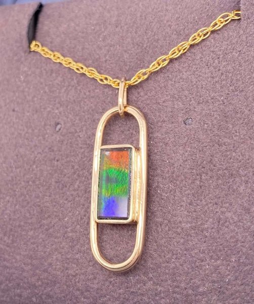 Ammolite Gold Pendant with a Rectangle Gemstone Left View PN E21443