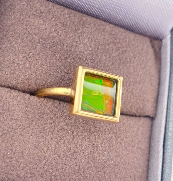Ammolite Gold Ring with a 8mm Square Gemstone Right View PN E21321