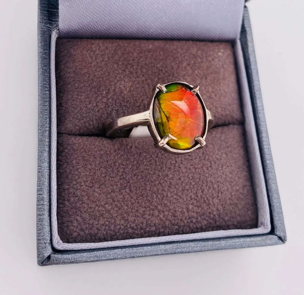 Ammolite Oval Ring Set in Sterling Silver Left View PN E10583