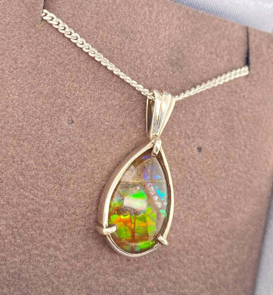 Ammolite Pear Pendant in Sterling Silver Left View PN E10431