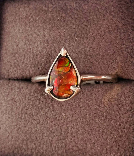 Ammolite Petite Pear Ring set in Silver PN E136RU