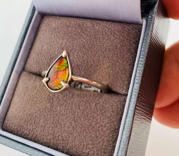 Ammolite Petite Pear Ring set in Silver Right View PN E136RU