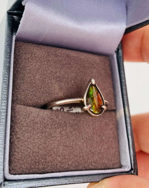 Ammolite Petite Pear Ring set in Silver Left View PN E136RU