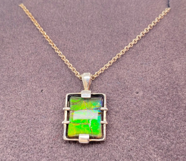 Ammolite Rectangle Silver Pendant Front View PN E20161