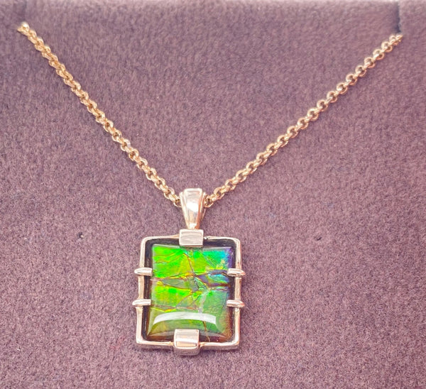 Ammolite Rectangle Silver Pendant Left View PN E20161