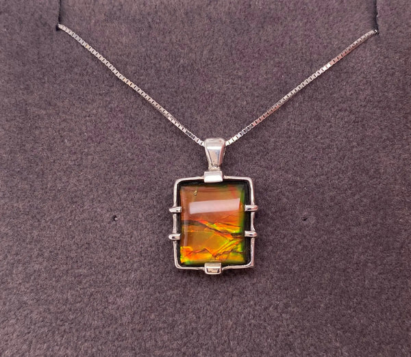 Ammolite Rectangle Silver Pendant Front View PN E20163