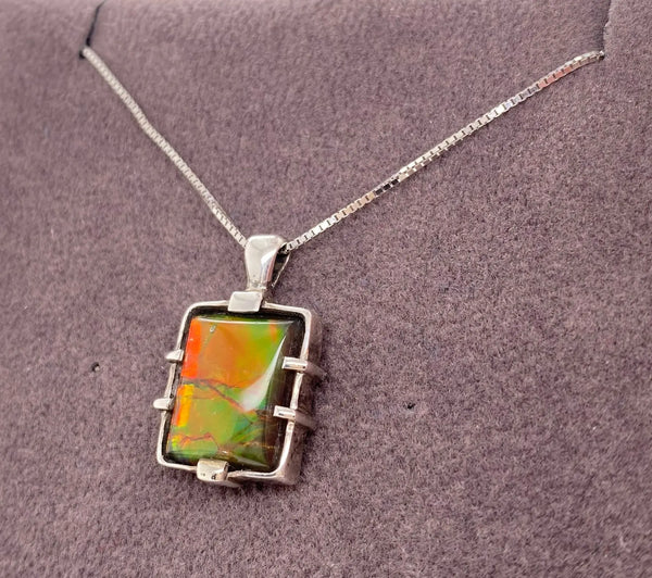 Ammolite Rectangle Silver Pendant Left View PN E20163