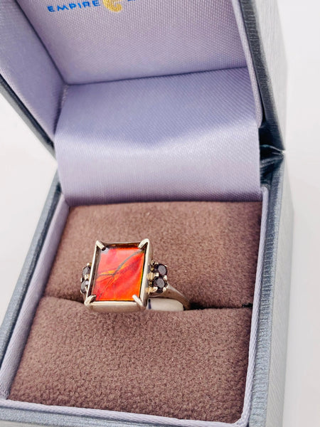 Ammolite Ring With Four Garnets Accent Stones Set in Silver Right View PN E20693