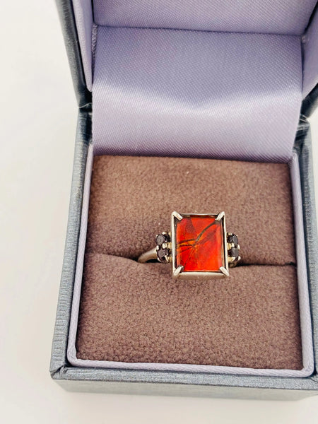 Ammolite Ring With Four Garnets Accent Stones Set in Silver PN E20693