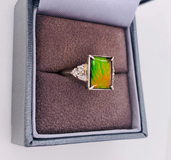 Ammolite Ring With Six White Topaz Accent Stones Set in Silver Left View PN E20484