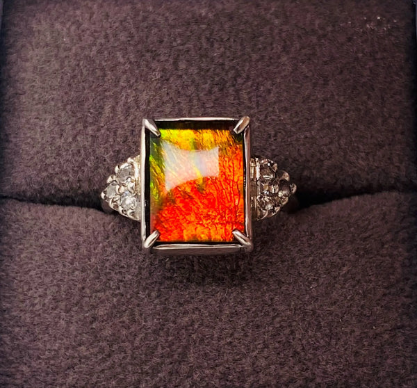 Ammolite Ring With Six White Topaz Accent Stones Set in Silver PN E20484