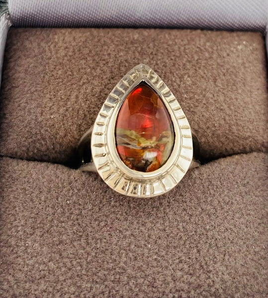 Ammolite Silver Aura Pear Ring PN E004239