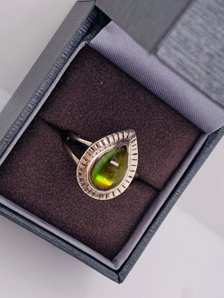 Ammolite Silver Aura Pear Ring Left View PN E00423A
