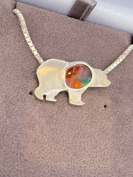 Ammolite Silver Bear Pendant with Chain PN E21311