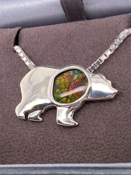 Ammolite Silver Bear Pendant Right View PN E21312