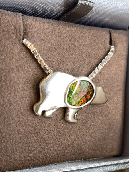 Ammolite Silver Bear Pendant Left View PN E21312
