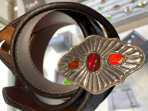 Ammolite Silver Belt Buckle with Three Gemstones and Belt PN E21293