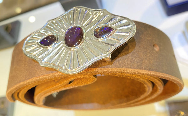 Ammolite Silver Belt Buckle with Three Gemstones and a Belt PN E21332