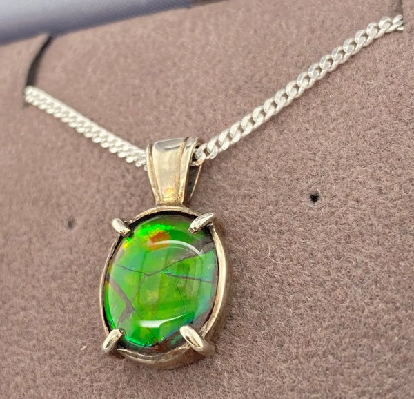Ammolite Silver Oval Pendant Left View PN E10471
