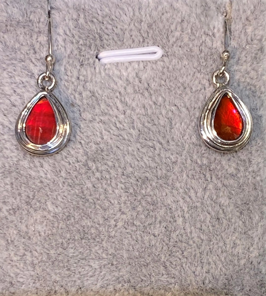 Ammolite Silver Pear Drop Earrings with Red Gemstone PN AZ012
