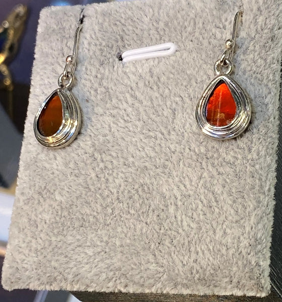 Ammolite Silver Pear Drop Earrings with Red Gemstone Right View PN AZ012