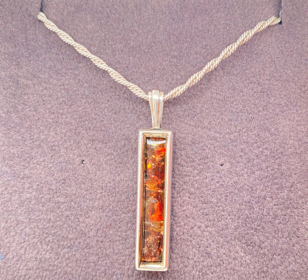 Ammolite Silver Pendant with a Rectangle Gemstone Front View PN E20342