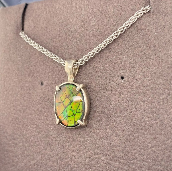 Ammolite Silver Petite Oval Pendant Right View PN E20123