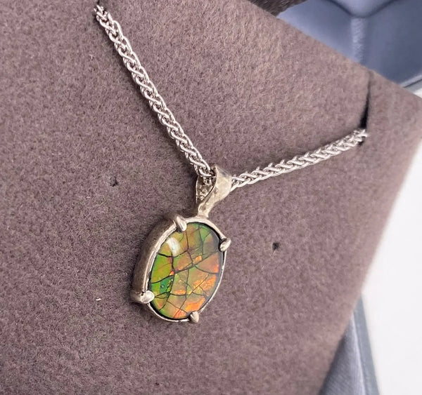 Ammolite Silver Petite Oval Pendant Left View PN E20123