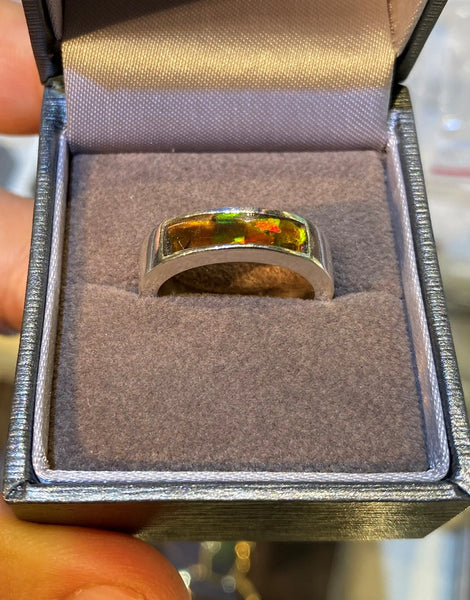 Ammolite Silver Rectangle Mosaic Ring PN AZ017