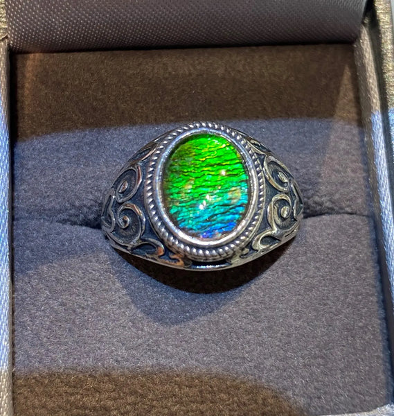Ammolite Silver Ring with 8X10mm Oval Gemstone PN AZ016