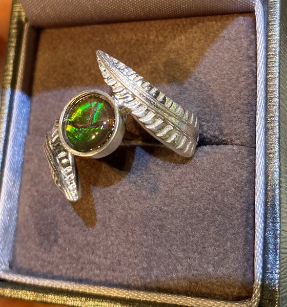 Ammolite Silver Ring with 8mm Round Gemstone Left View PN AZ015