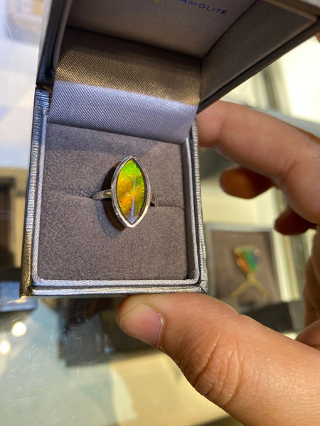 Ammolite Silver Ring with 8x16mm Marquise Gemstone Green and Orange PN AZ010