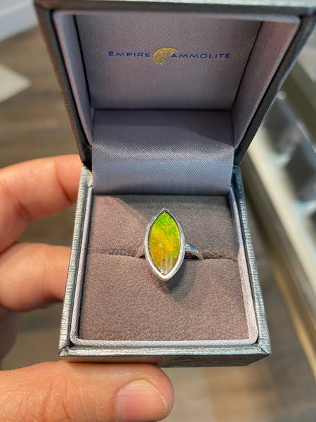 Ammolite Silver Ring with Marquise Gemstone