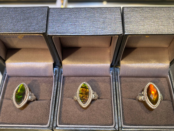 Ammolite Silver Ring with 8x16mm Marquise Gemstone Top View PN AZ011