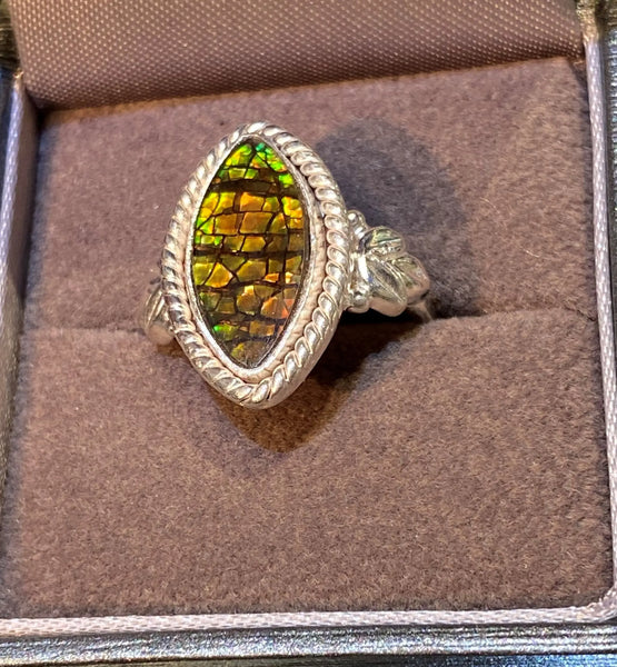 Ammolite Silver Ring with 8x16mm Marquise Gemstone PN AZ011